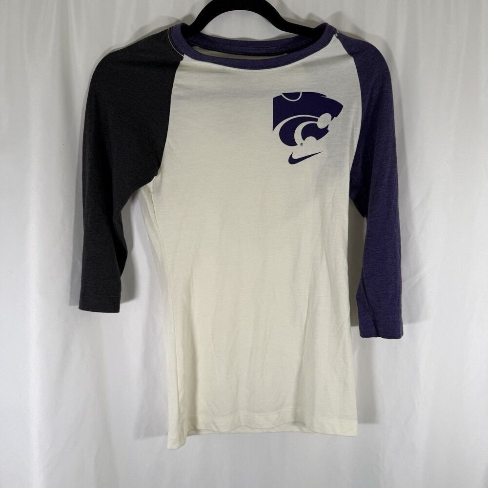 Kansas State Wildcats Nike Shirt Women XS White Purple 3/4 Sleeve Crew Neck Slim
